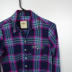 💰3/$25 HOLLISTER Women's Button Down Shirt Top LS Multicolor Plaid Western S
